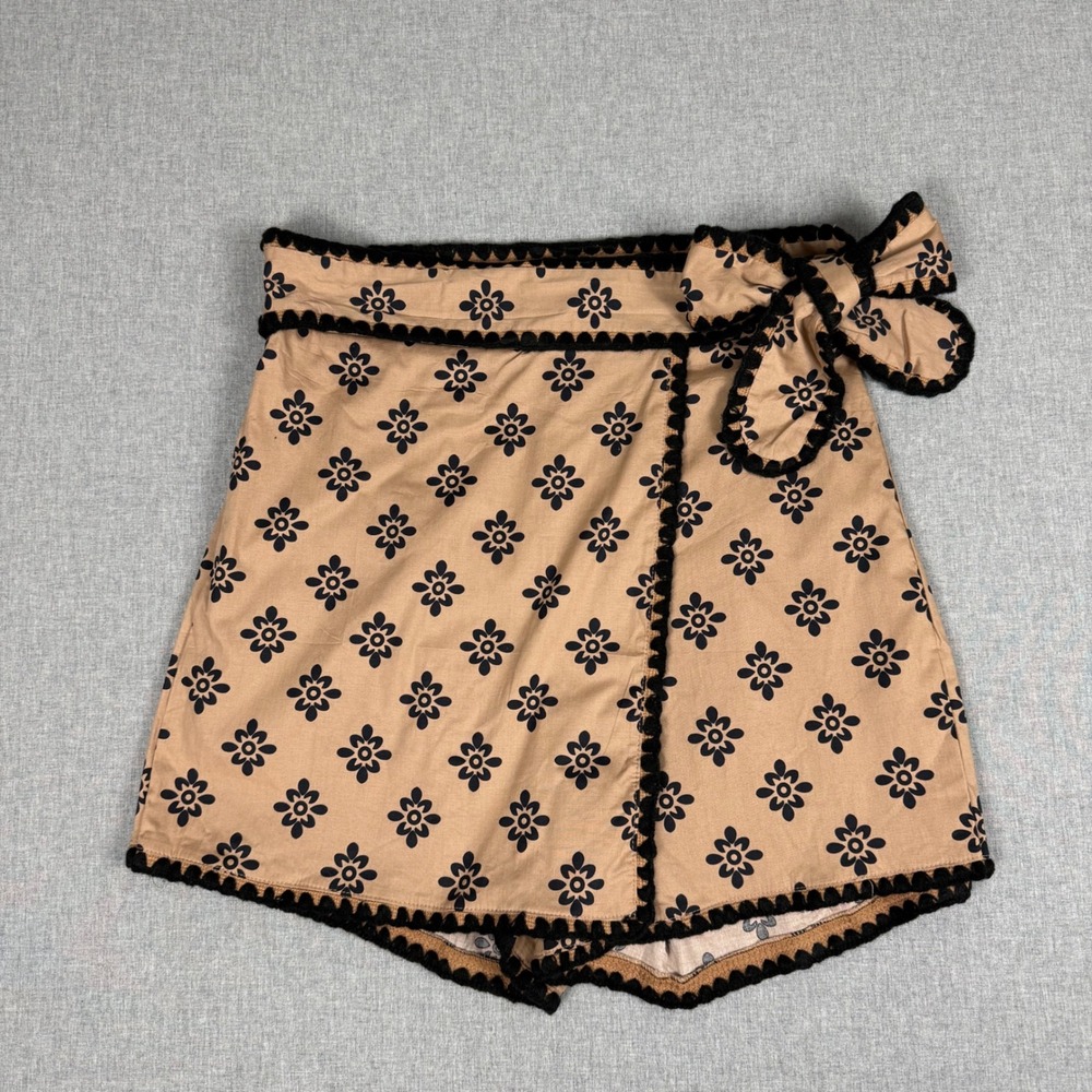 Tan Brown Floral Cotton Wrap Skort Shorts Size Large Boho Crochet Trim
